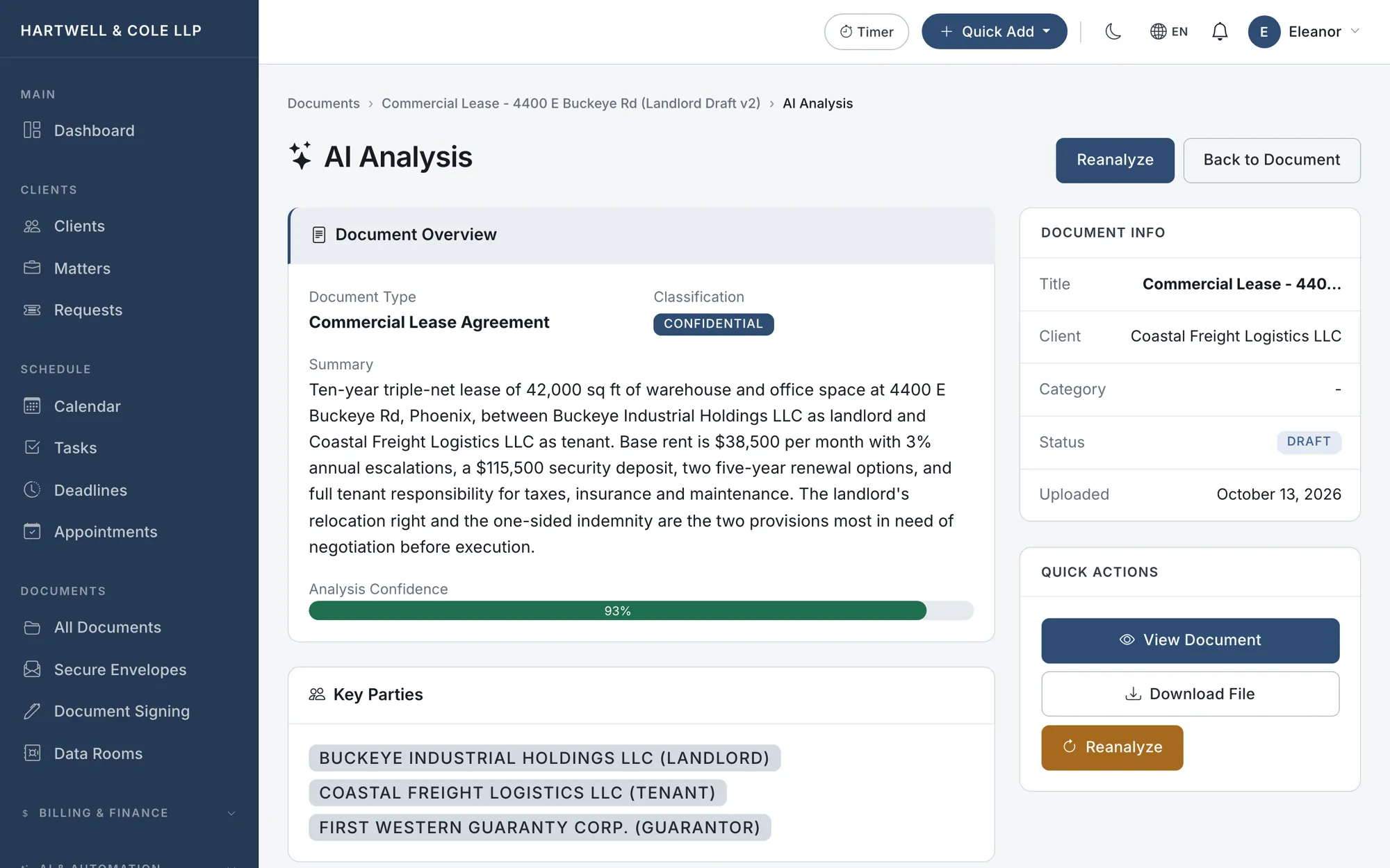 AI analysis of a commercial lease: document type, summary, 93% confidence, and the key parties