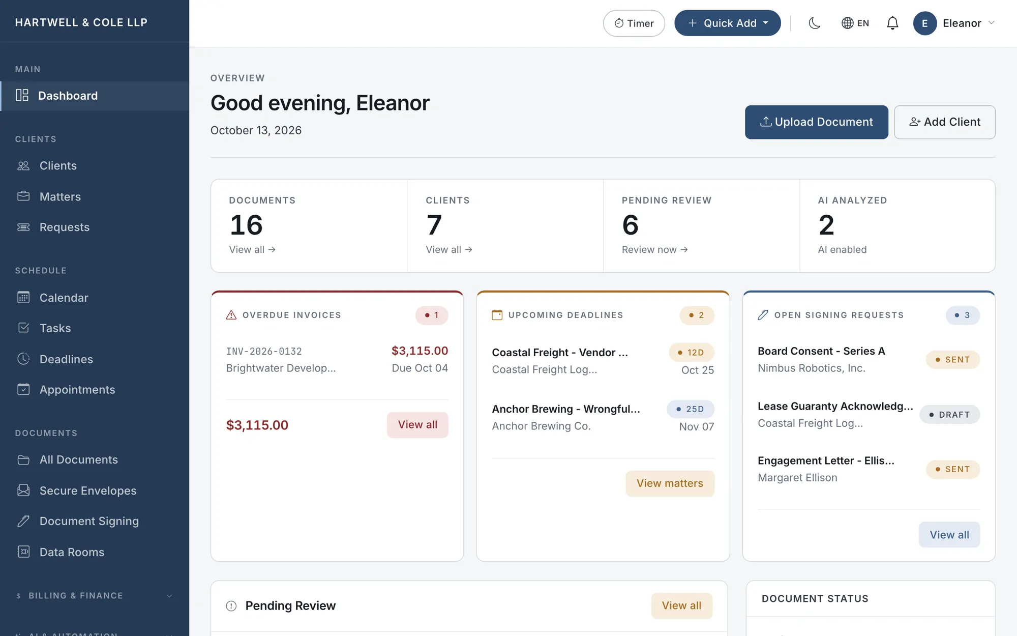 AureumCore dashboard for a law firm: document counts, overdue invoices, upcoming deadlines, and open signing requests