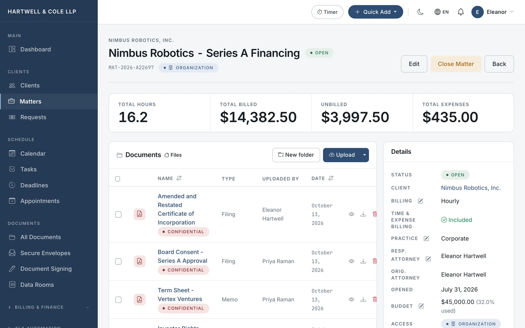 A matter page showing total hours, billed and unbilled amounts, expenses, the document list, and matter details