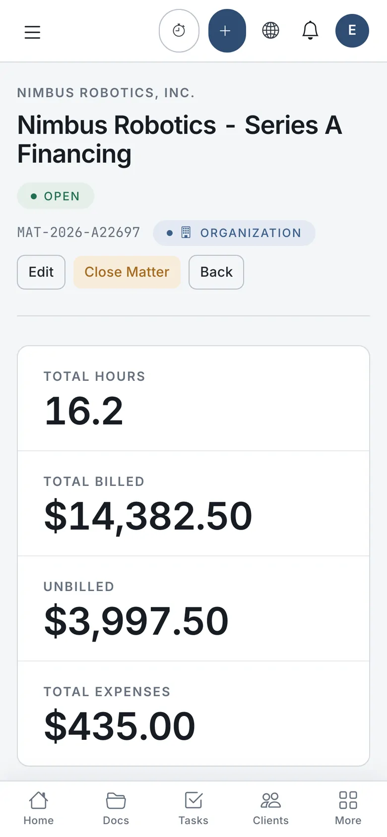 The same matter page on a phone, with hours, billed, unbilled, and expenses stacked for a small screen