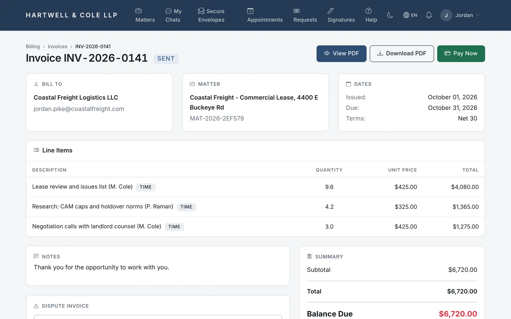 The client portal showing an invoice with its matter, dates, line items, and a Pay Now button