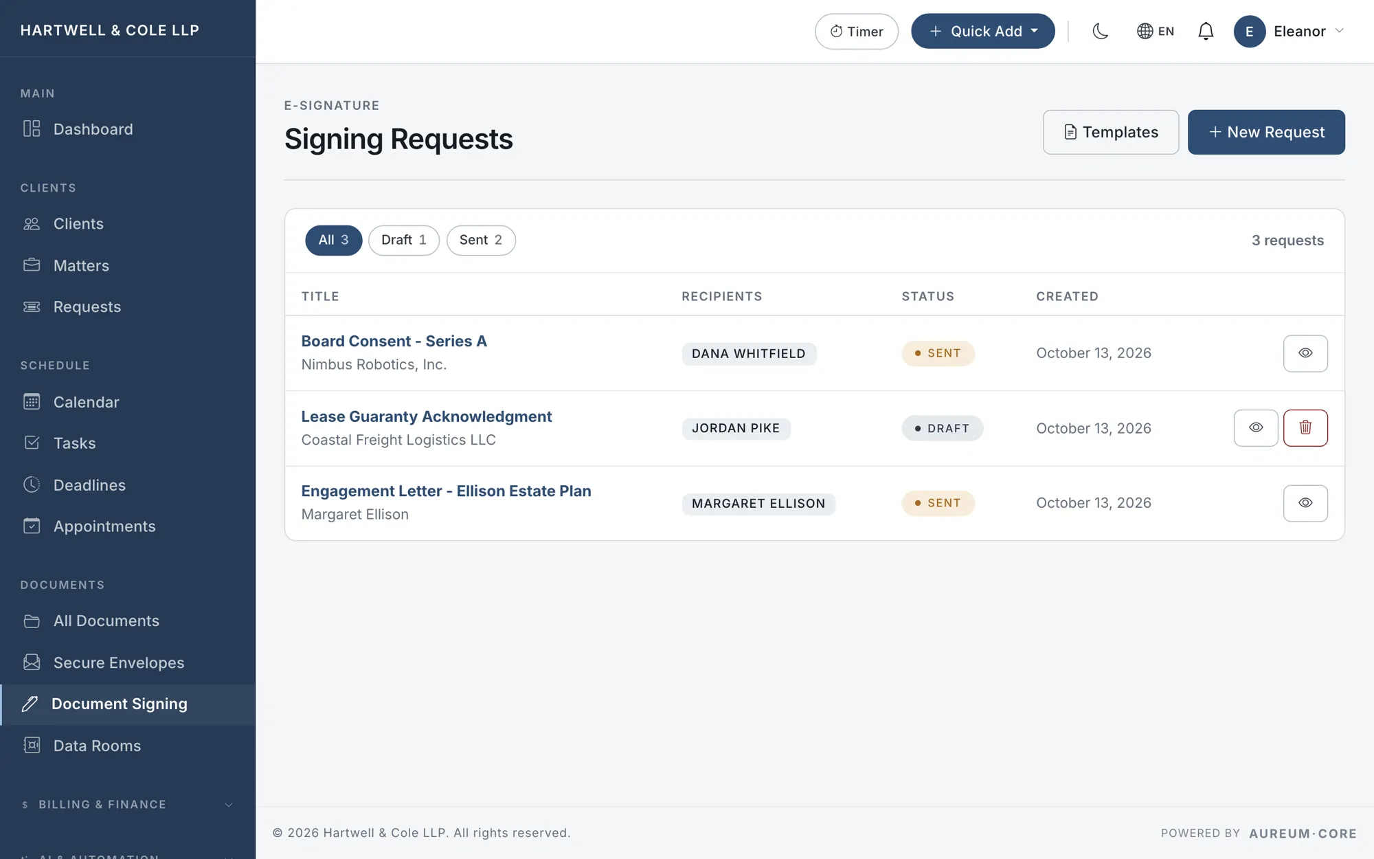 A list of signing requests with recipients and sent or draft status