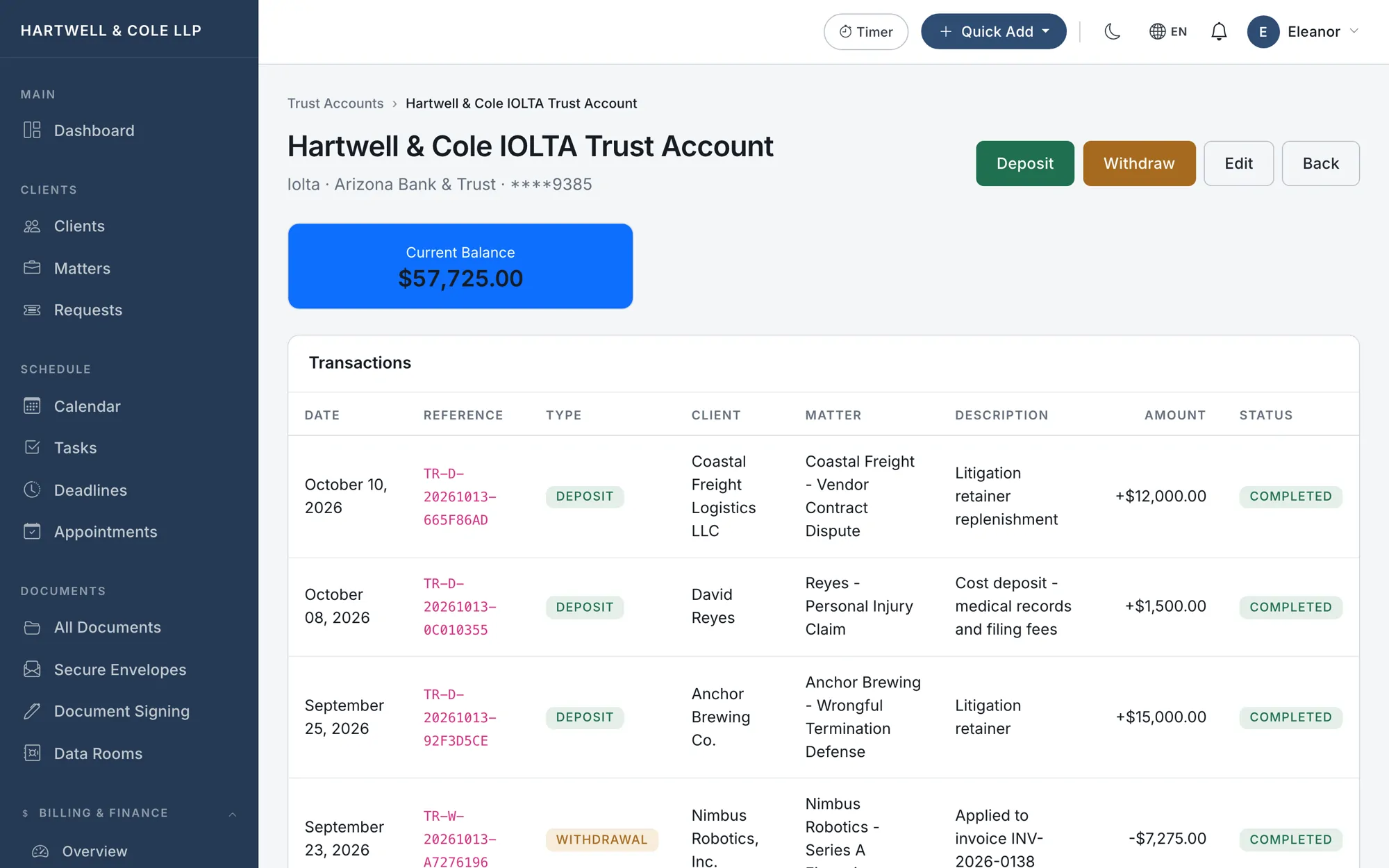 An IOLTA trust account ledger with the current balance and a list of referenced deposits and withdrawals
